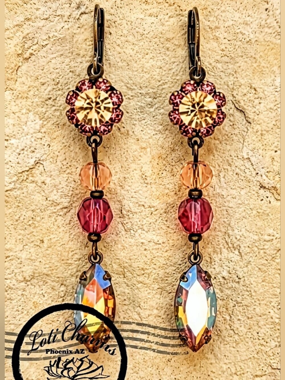 Sparkling Peach & Pink Rose Mettalic AB Swarovski Crystal In Long Brass Earrings